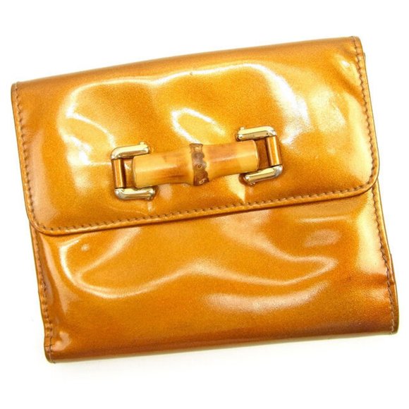 Gucci Wallet Purse Bamboo Gold Brown Woman unisex Authentic Used Y6747 - Picture 1 of 6